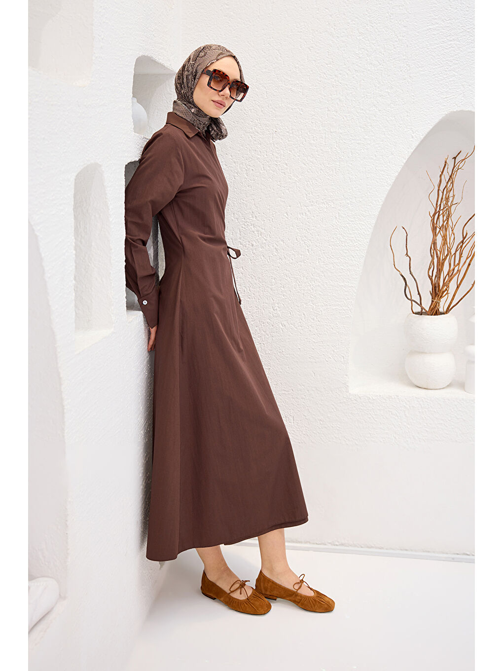Kadın Poplin Yan Bağlamalı Elbise Kahverengi-1