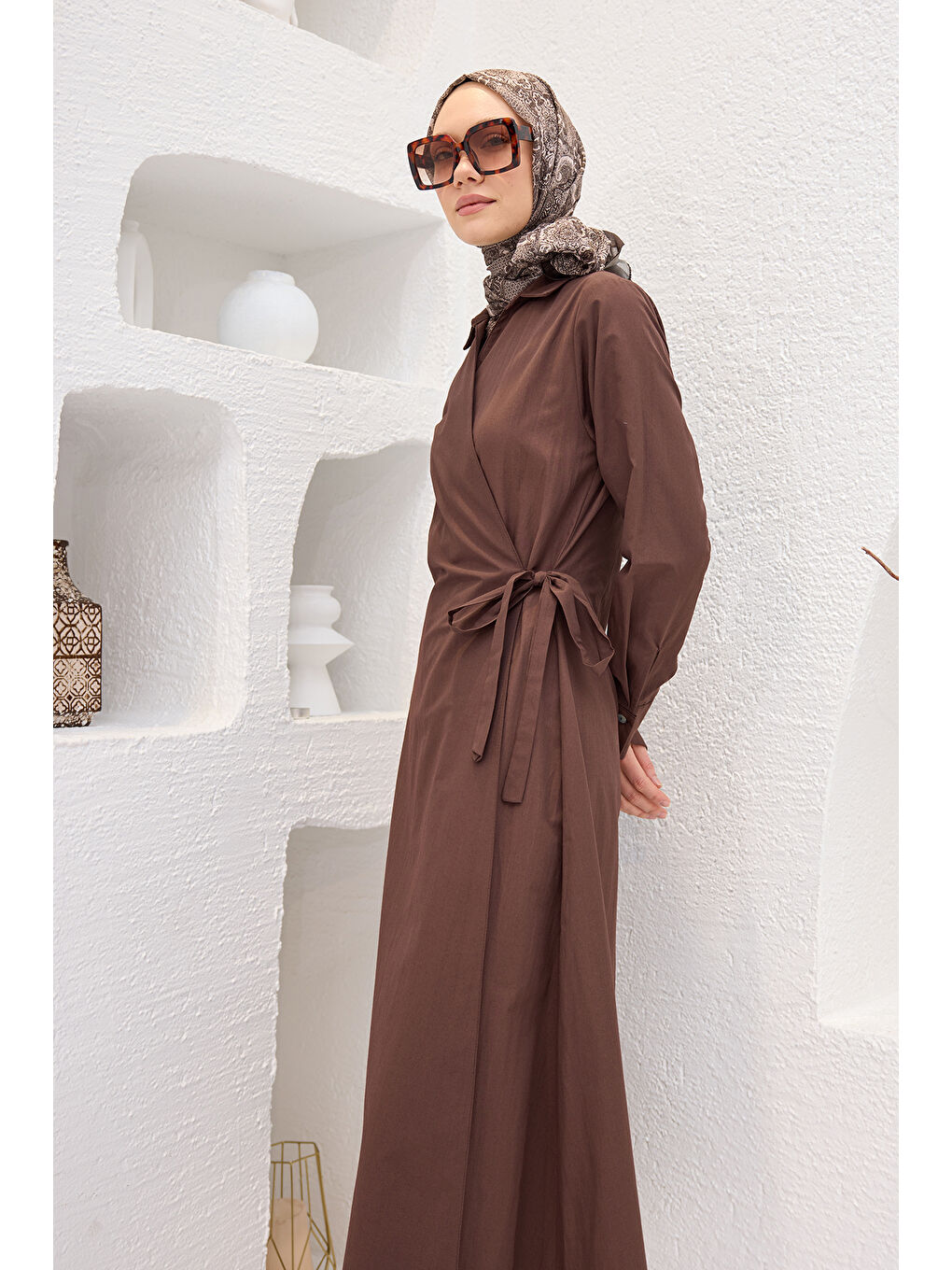 Kadın Poplin Yan Bağlamalı Elbise Kahverengi-3