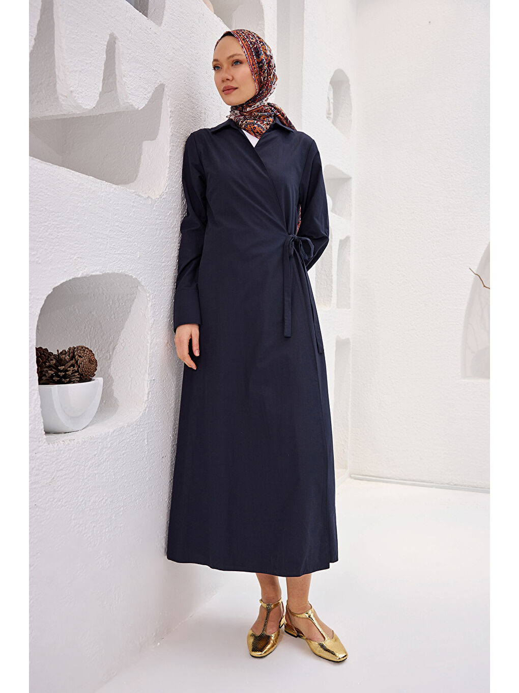 Kadın Poplin Yan Bağlamalı Elbise Lacivert-1