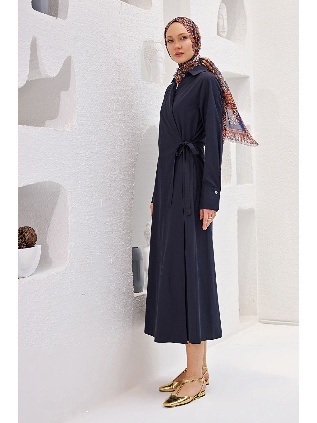 Kadın Poplin Yan Bağlamalı Elbise Lacivert-3