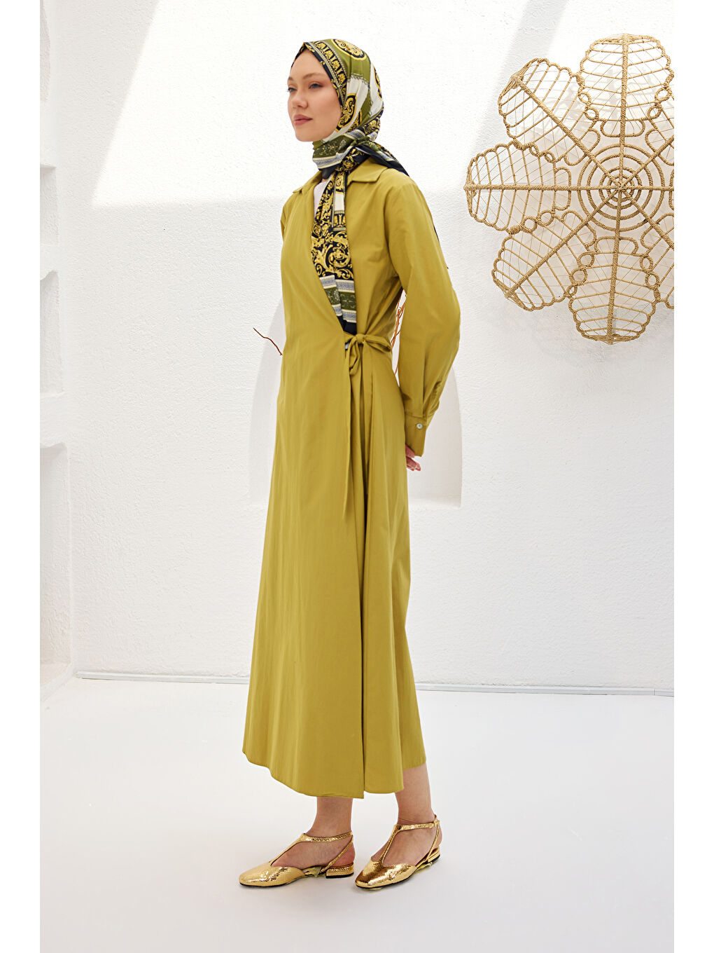 Kadın Poplin Yan Bağlamalı Elbise Yağ Yeşil-1