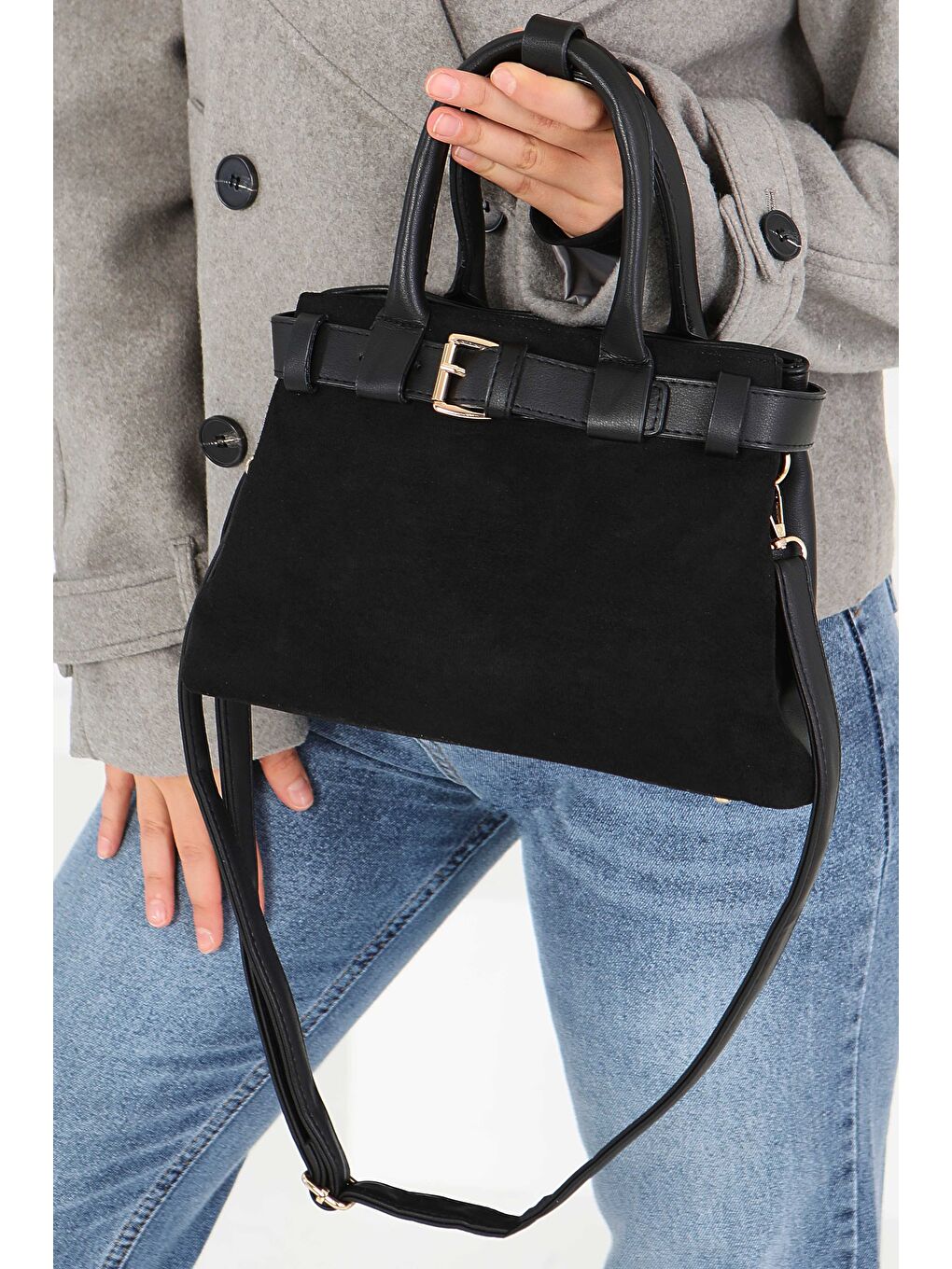 Kadın Siyah Süet Detaylı El Çantası - 27842-SIYAH-1