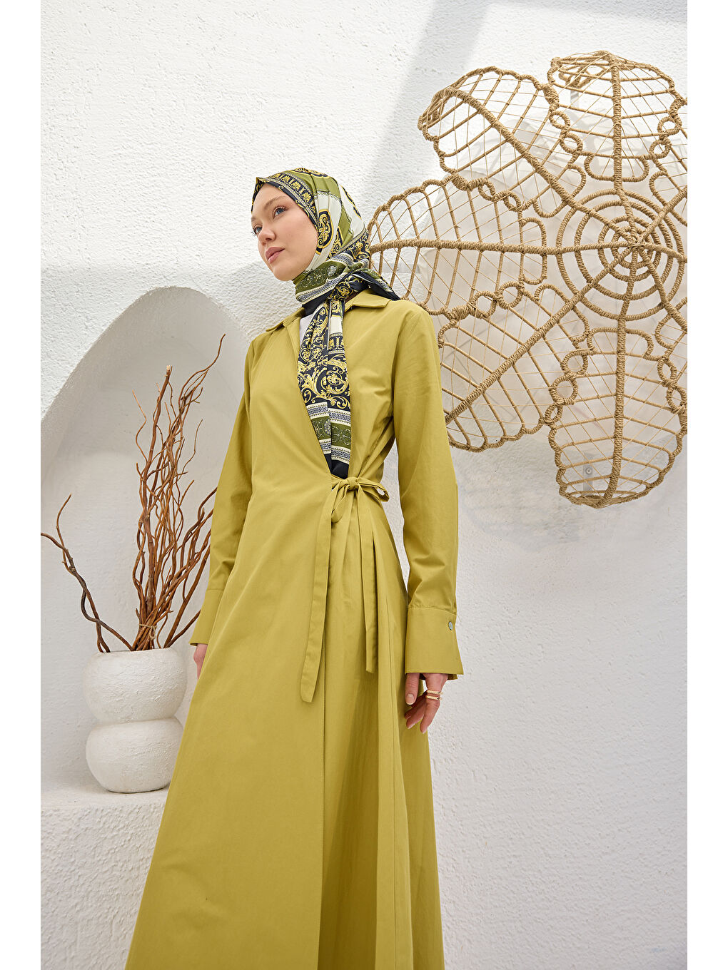 Kadın Poplin Yan Bağlamalı Elbise Yağ Yeşil-2