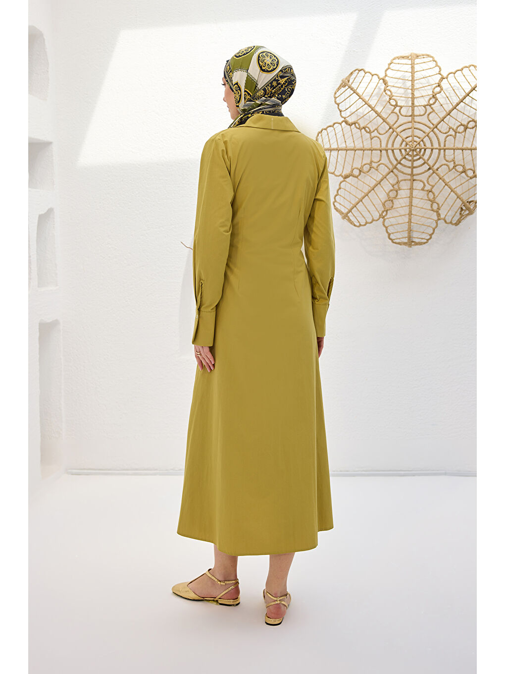 Kadın Poplin Yan Bağlamalı Elbise Yağ Yeşil-3