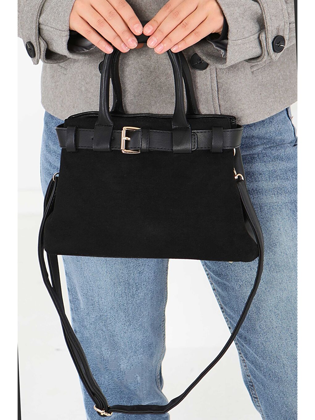 Kadın Siyah Süet Detaylı El Çantası - 27842-SIYAH-2