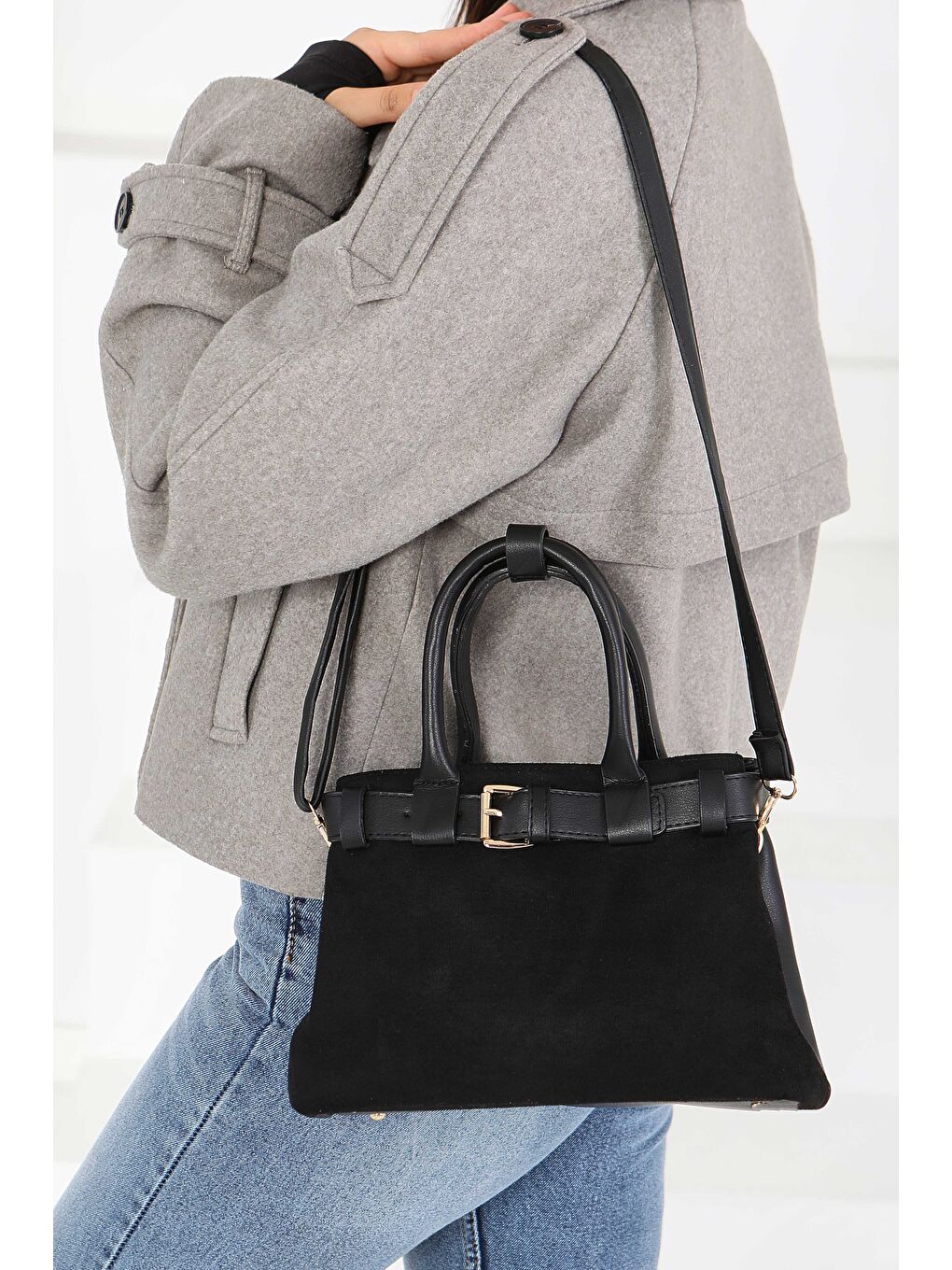 Kadın Siyah Süet Detaylı El Çantası - 27842-SIYAH-3