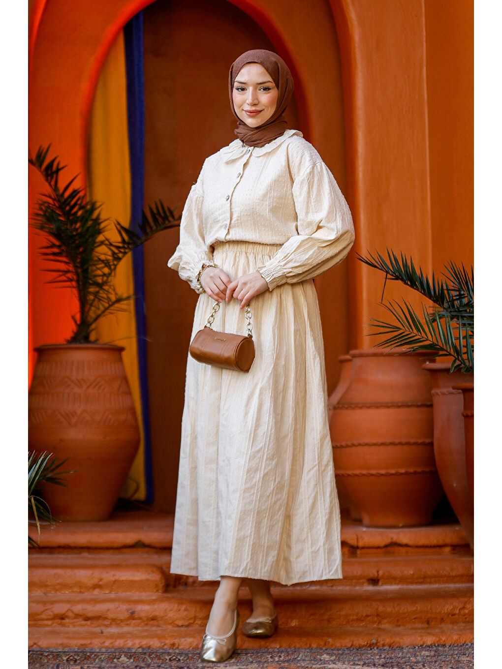 Ekru Kadın Çizgi Detay Gömlekli Takım Krem-1