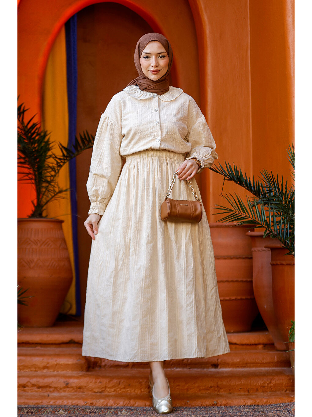 Ekru Kadın Çizgi Detay Gömlekli Takım Krem-2