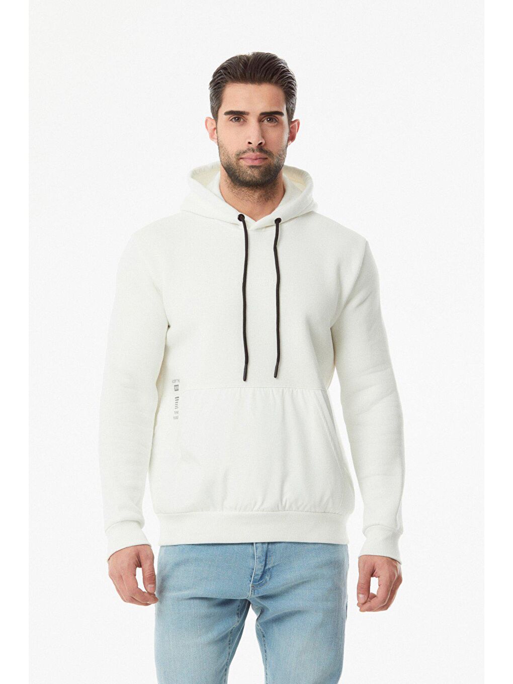 Ekru Baskılı Renk Bloklu Kanguru Cepli Erkek Hoodie