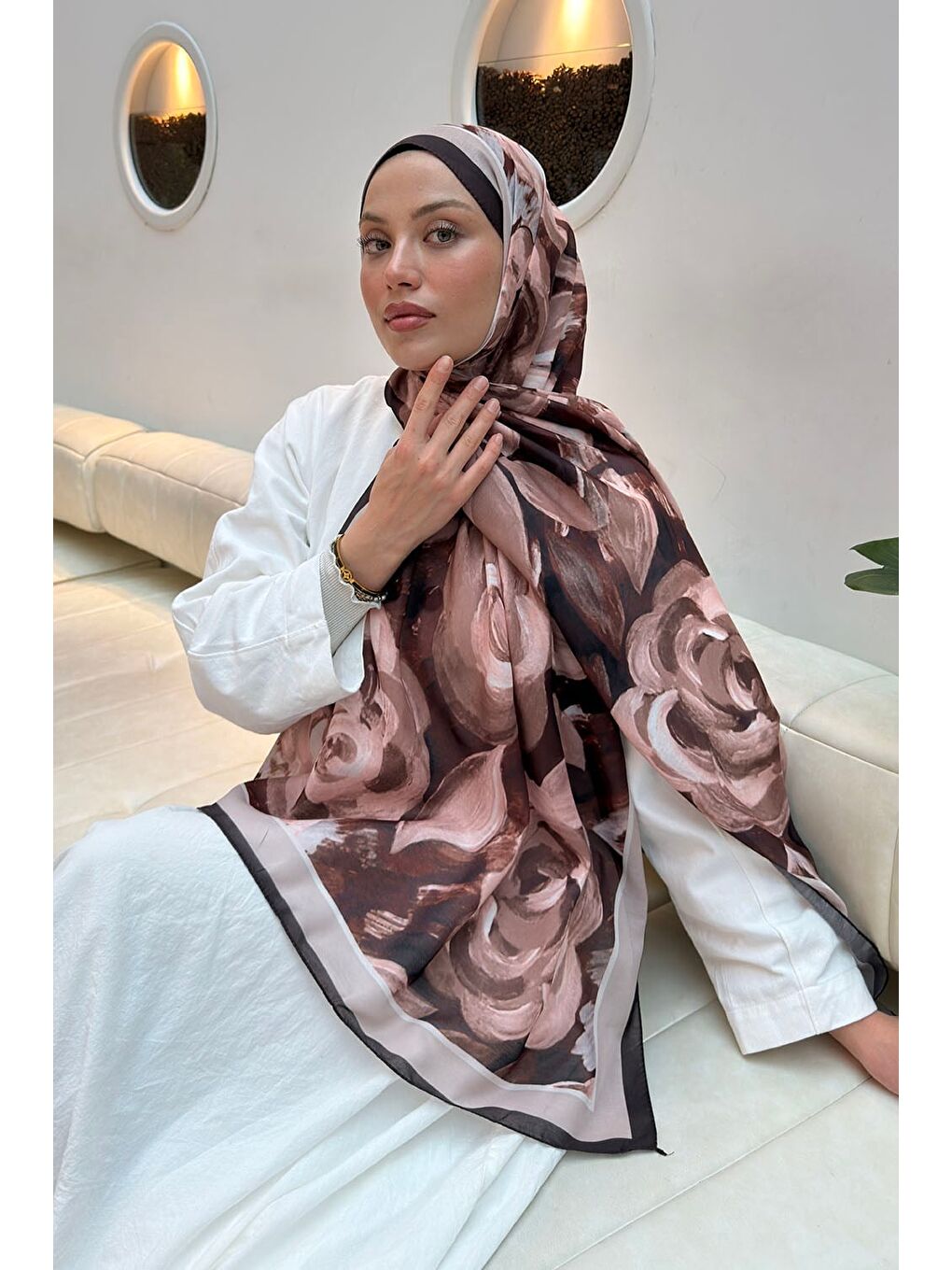 Çiçek Desen Pamuk Şal Acı Kahverengi