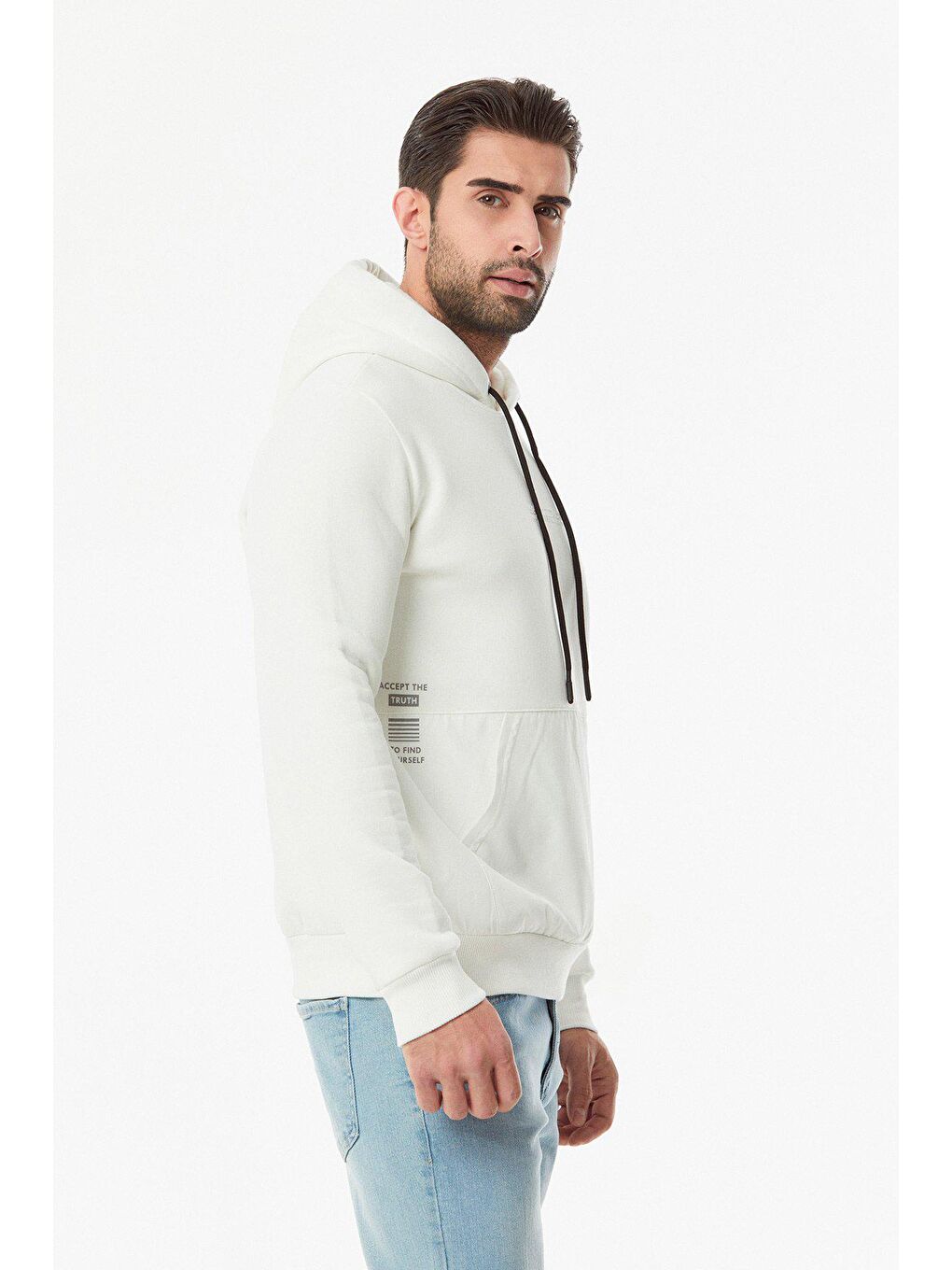 Ekru Baskılı Renk Bloklu Kanguru Cepli Erkek Hoodie-2