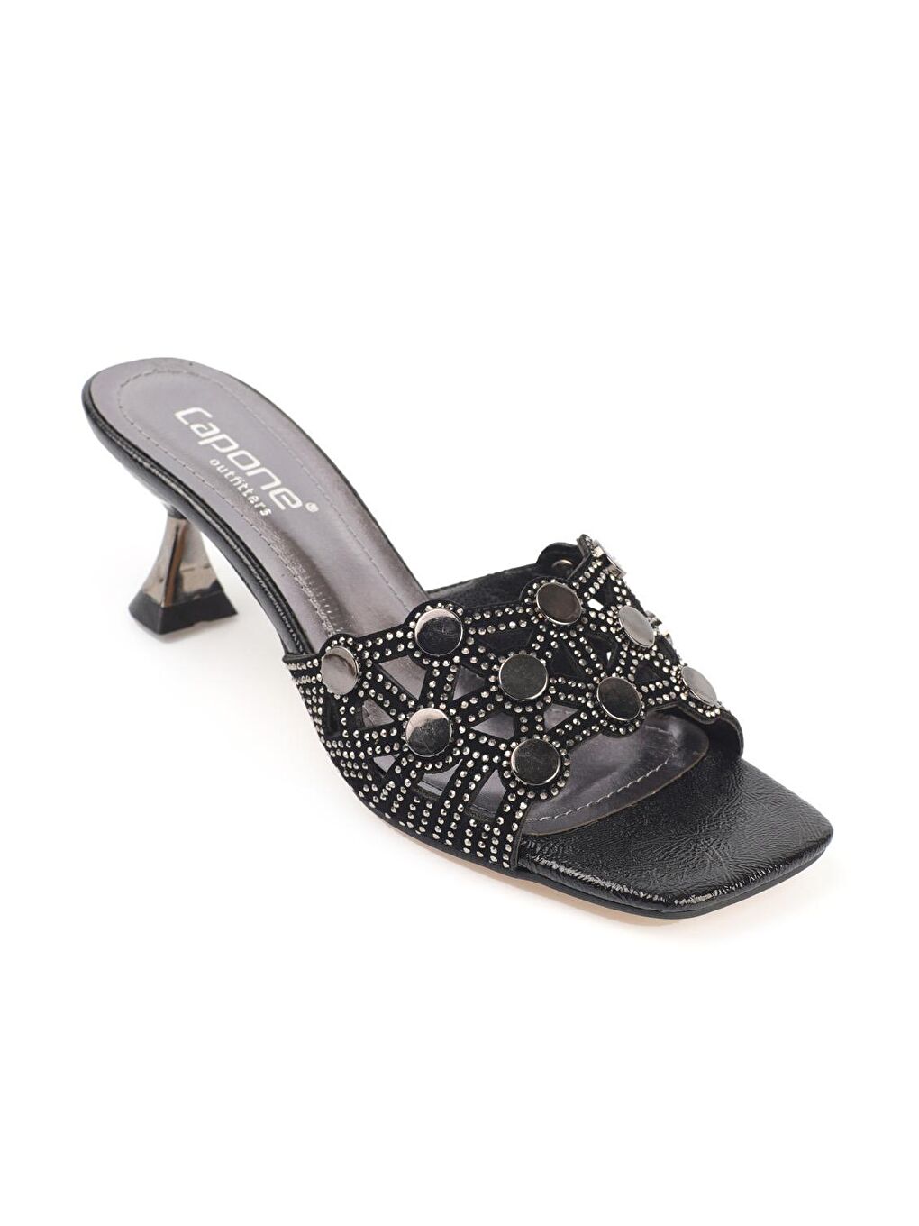Siyah Küt Burunlu Metal Aksesuarlı Kum Saati Topuklu Kırışık Rugan  Kadın Terlik-1