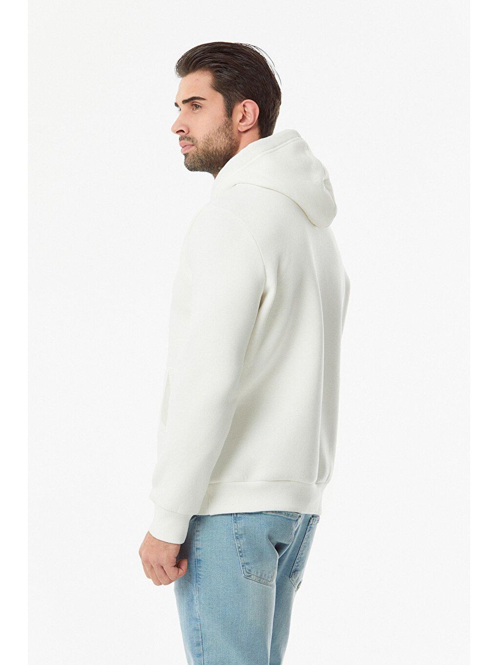 Ekru Baskılı Renk Bloklu Kanguru Cepli Erkek Hoodie-3