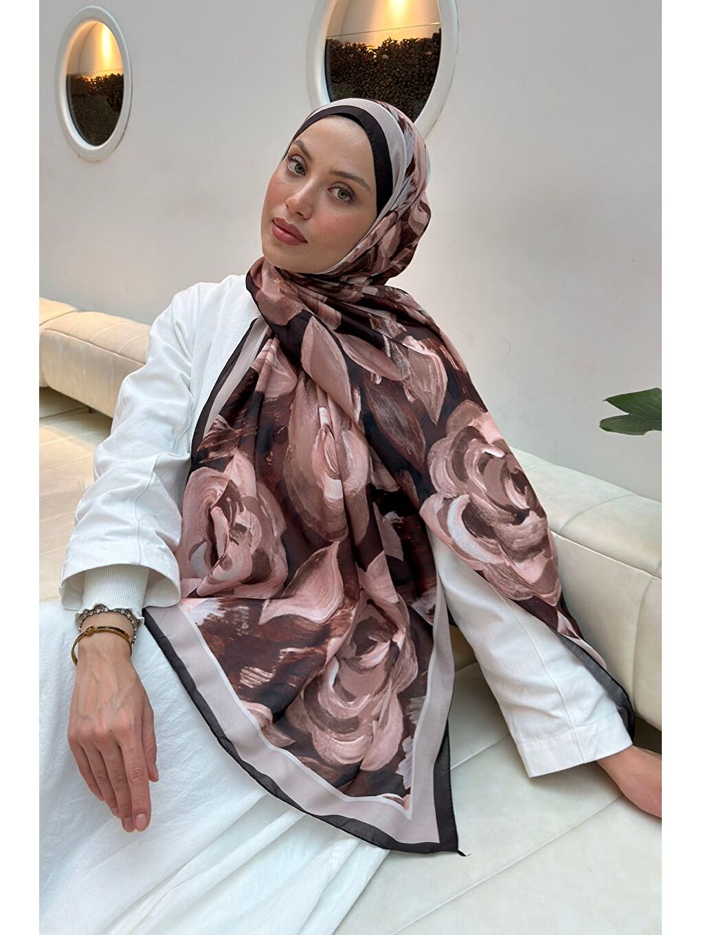 Çiçek Desen Pamuk Şal Acı Kahverengi-1