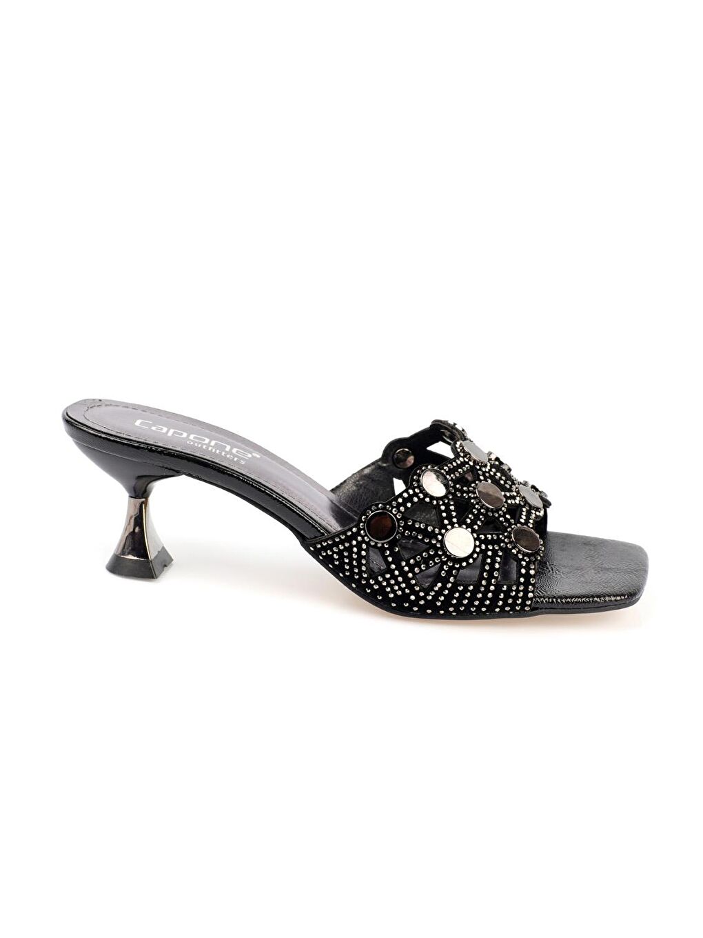 Siyah Küt Burunlu Metal Aksesuarlı Kum Saati Topuklu Kırışık Rugan  Kadın Terlik-2