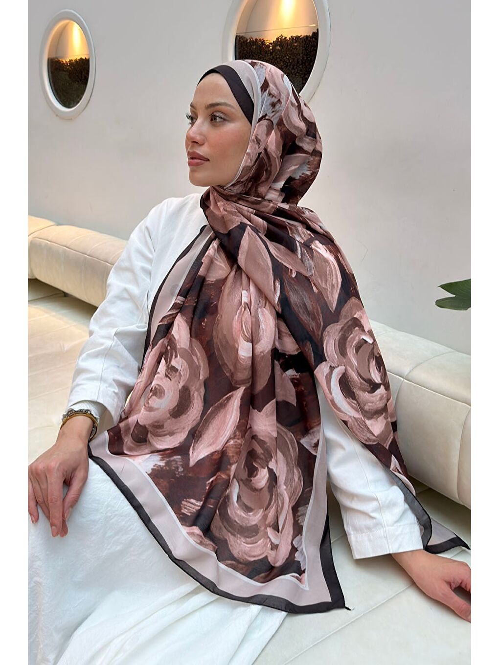 Çiçek Desen Pamuk Şal Acı Kahverengi-2