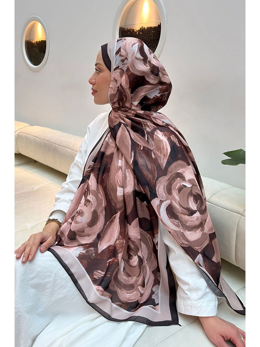 Çiçek Desen Pamuk Şal Acı Kahverengi-3