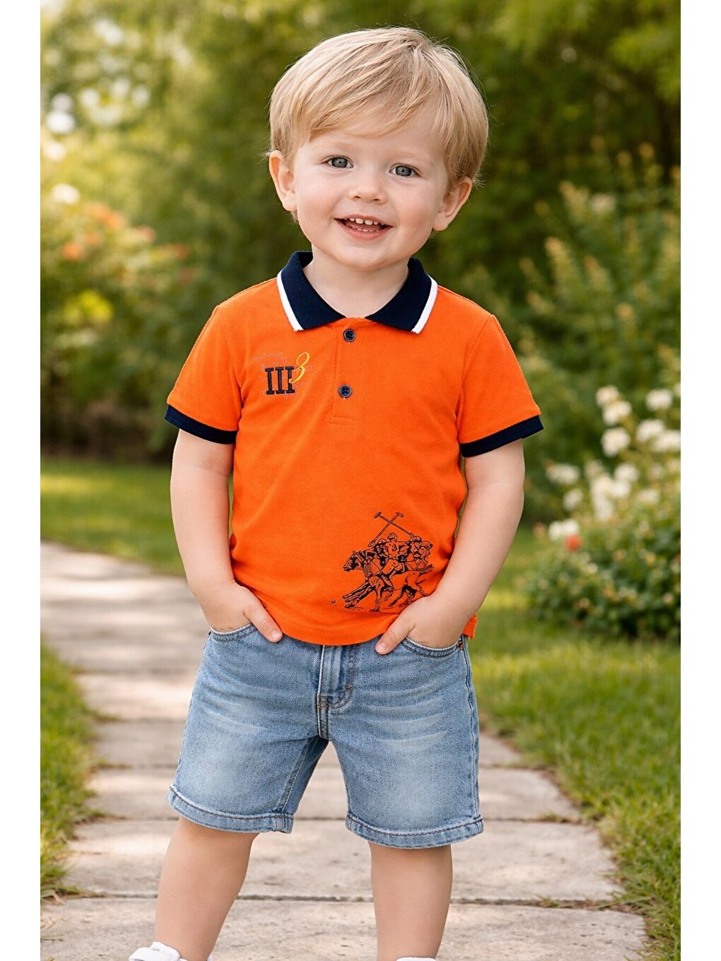 Turuncu Tarz Lakos Asker Desenli Belden Ayarlanabilir Kısa Kollu Şortlu 2'li Takım Çocuk ve Bebek Giyim-1