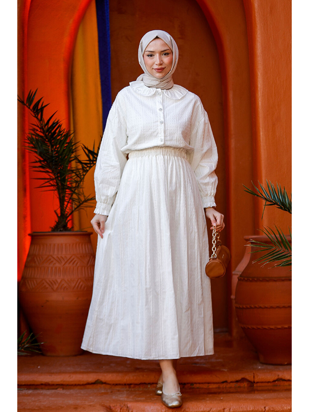 Kadın Çizgi Detay Gömlekli Takım Beyaz-1