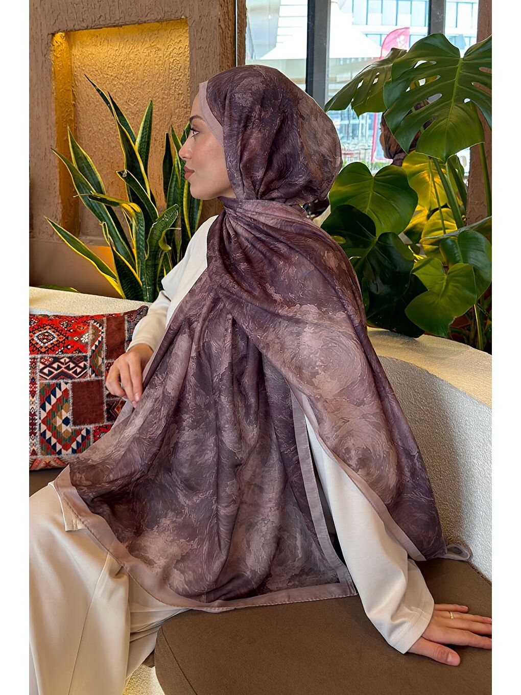 Kahverengi Gül Çiçek Desen Ferah Şal Toprak-3