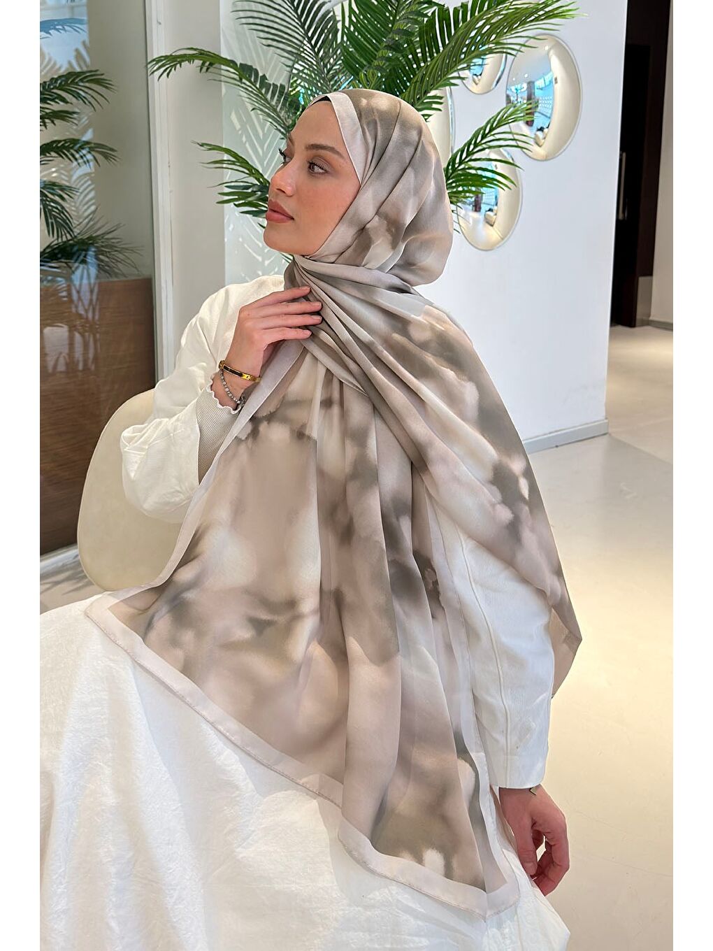 Bej Batik Desen Soft Şal Taş-2