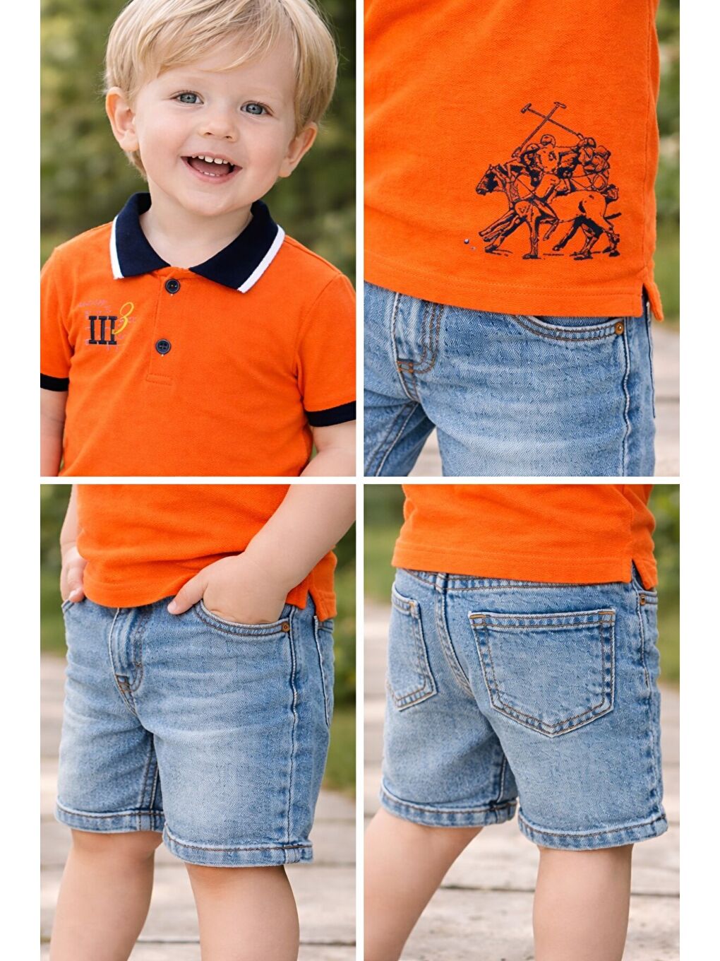 Turuncu Tarz Lakos Asker Desenli Belden Ayarlanabilir Kısa Kollu Şortlu 2'li Takım Çocuk ve Bebek Giyim-3