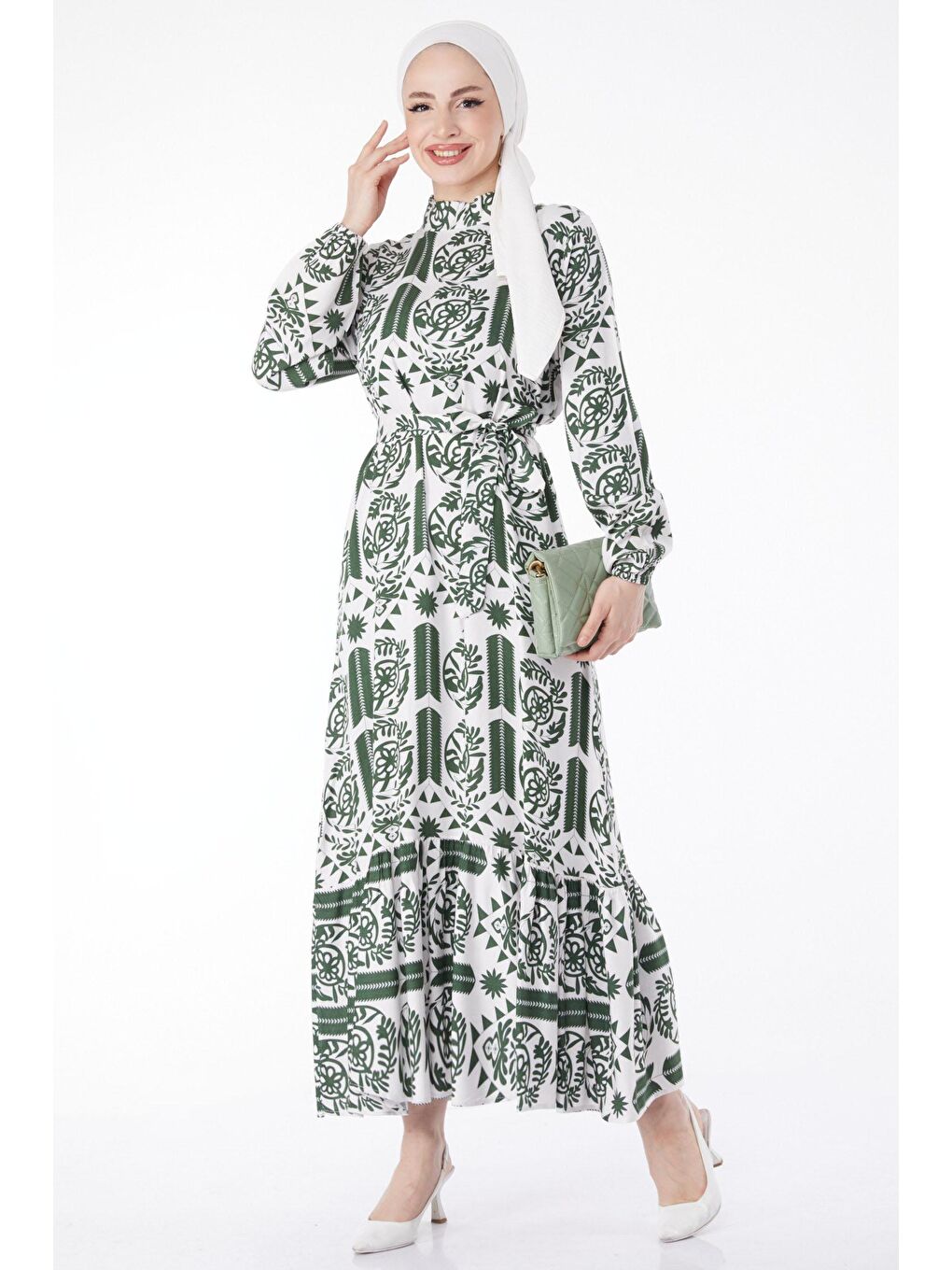 Hakim Yaka Kadın Haki Kuşaklı Desenli Elbise - 24892