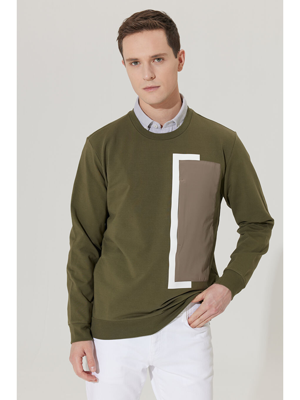 Erkek Haki Standart Fit Normal Kesim Bisiklet Yaka Sweatshirt