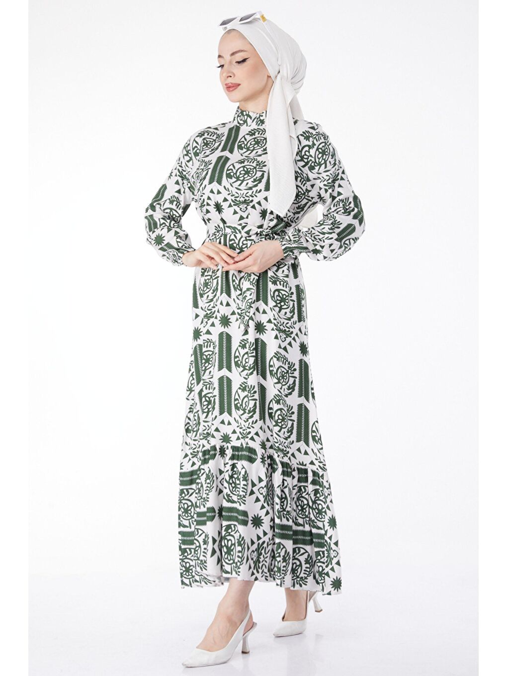 Hakim Yaka Kadın Haki Kuşaklı Desenli Elbise - 24892-1