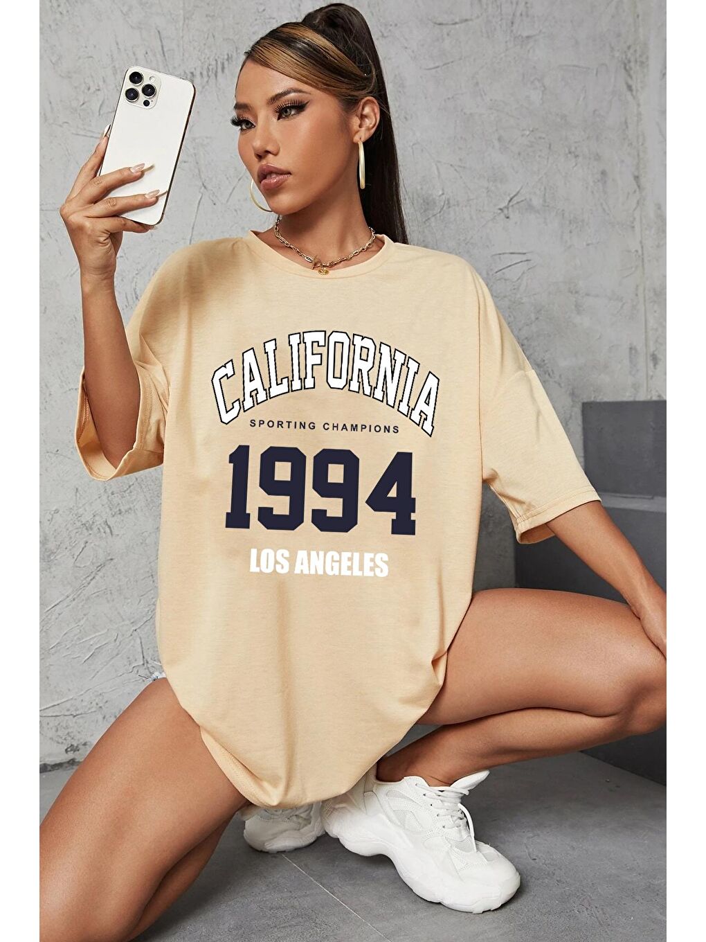 uyguntarz Bej Unisex California Baskılı Oversize Tshirt