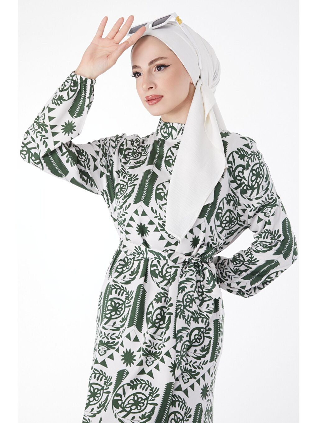 Hakim Yaka Kadın Haki Kuşaklı Desenli Elbise - 24892-2