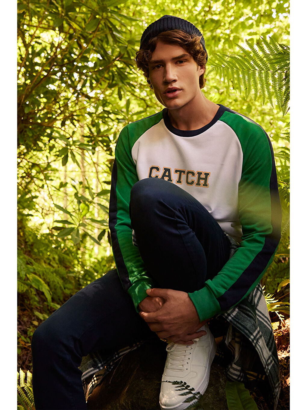 Erkek Beyaz-Yeşil Standart Fit Normal Kesim Bisiklet Yaka Pamuklu Çizgili Sweatshirt-1