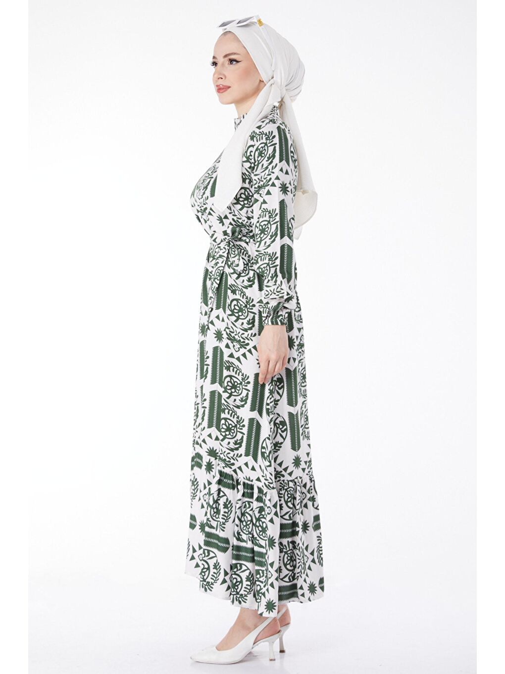 Hakim Yaka Kadın Haki Kuşaklı Desenli Elbise - 24892-3