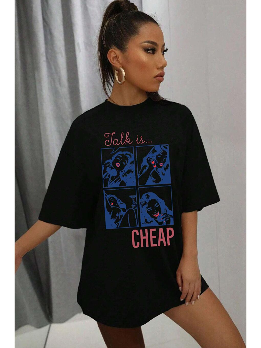 uyguntarz Siyah Unisex Talk is Cheap Baskılı Oversize Tshirt