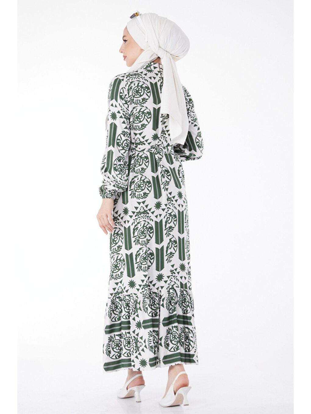 Hakim Yaka Kadın Haki Kuşaklı Desenli Elbise - 24892-4