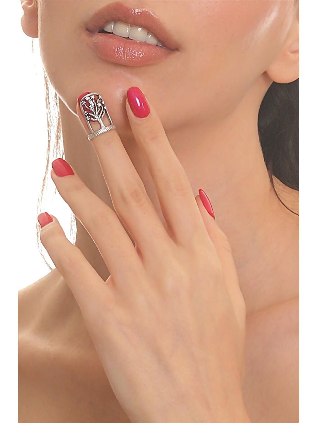 Gri Kadın Antik Gümüş Kaplama Zirkon Taşlı Ayarlanabilir Hayat Ağacı Tırnak Yüzük-1