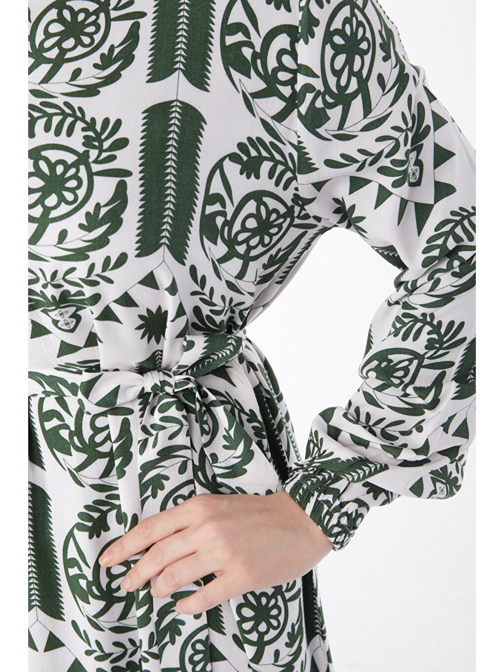 Hakim Yaka Kadın Haki Kuşaklı Desenli Elbise - 24892-5