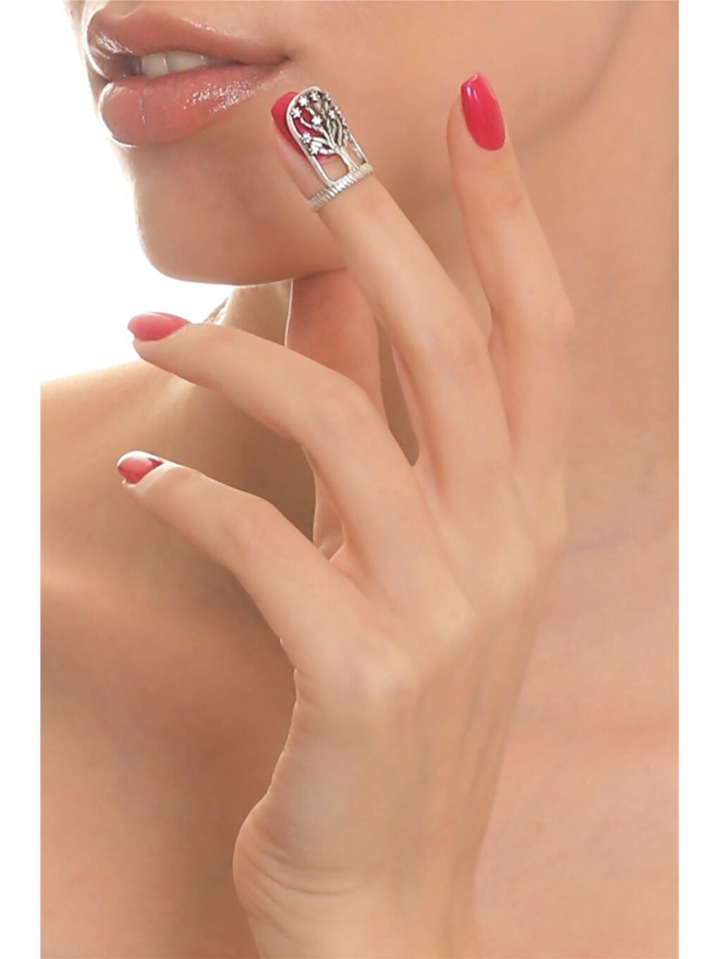 Gri Kadın Antik Gümüş Kaplama Zirkon Taşlı Ayarlanabilir Hayat Ağacı Tırnak Yüzük-2