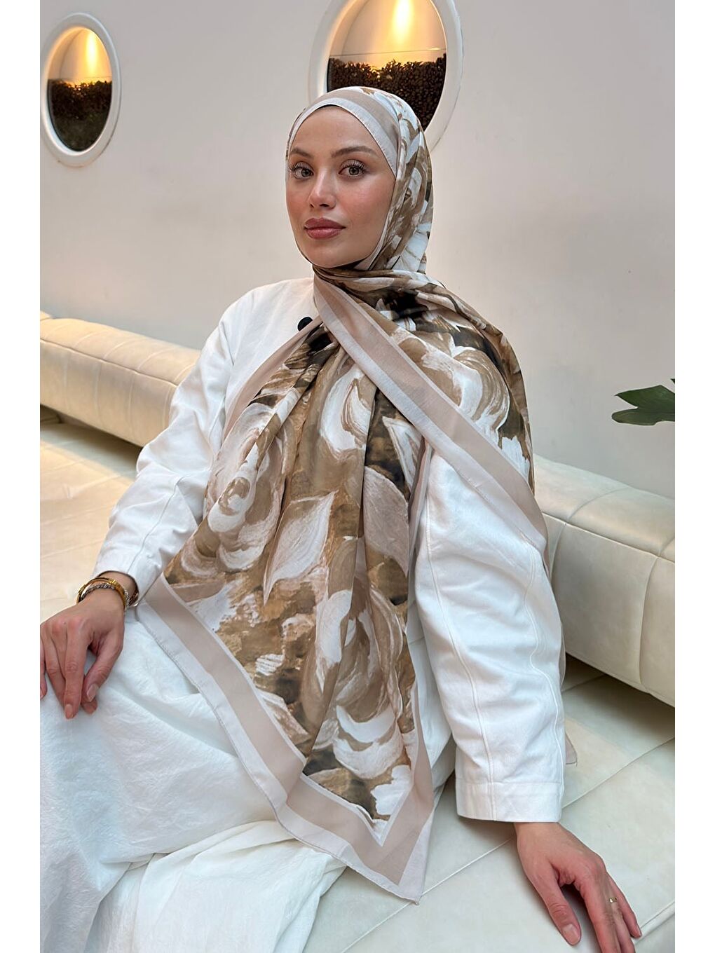 Çiçek Desen Pamuk Şal Koyu Bej-1