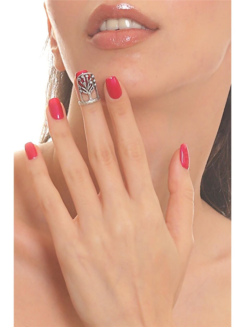 Gri Kadın Antik Gümüş Kaplama Zirkon Taşlı Ayarlanabilir Hayat Ağacı Tırnak Yüzük-3