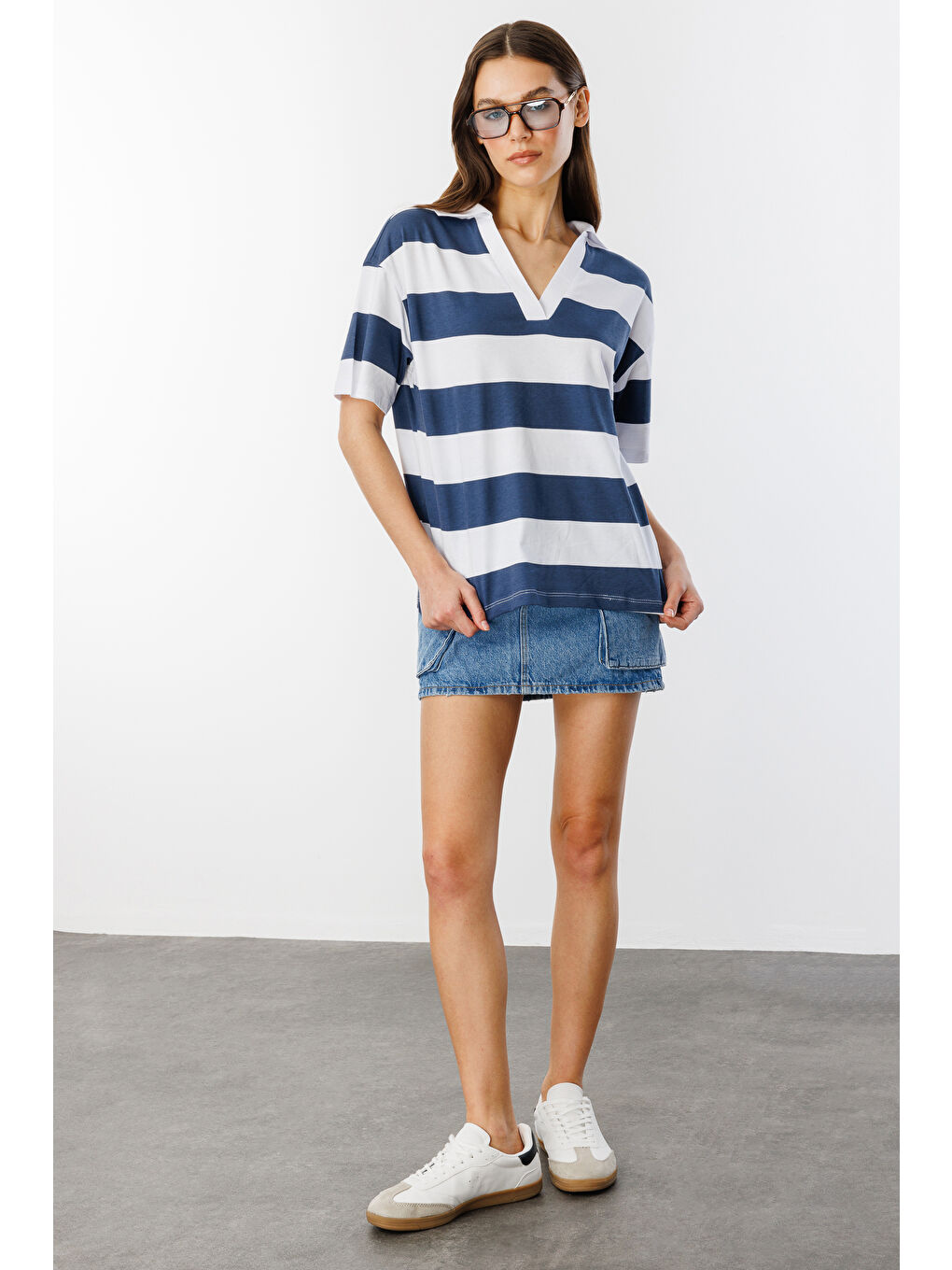Lacivert Relax Fit Çizgili Penye Kısa Kollu Polo Tişört ÇİZGİLİ-POLOYAKA-1