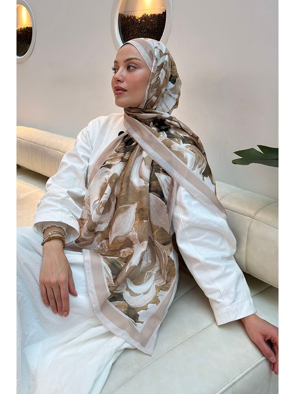 Çiçek Desen Pamuk Şal Koyu Bej-2