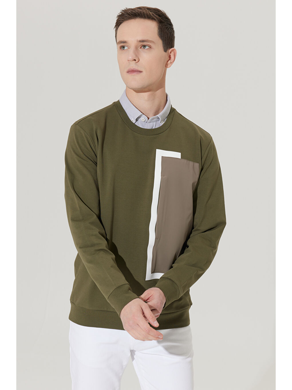 Erkek Haki Standart Fit Normal Kesim Bisiklet Yaka Sweatshirt-2