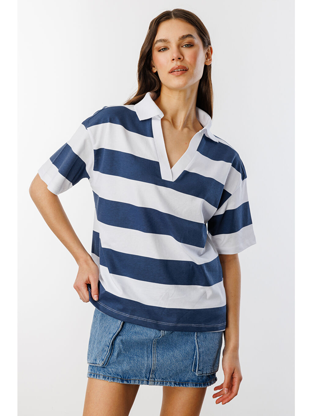 Lacivert Relax Fit Çizgili Penye Kısa Kollu Polo Tişört ÇİZGİLİ-POLOYAKA-3
