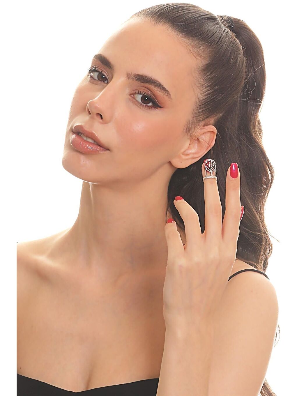 Gri Kadın Antik Gümüş Kaplama Zirkon Taşlı Ayarlanabilir Hayat Ağacı Tırnak Yüzük-5