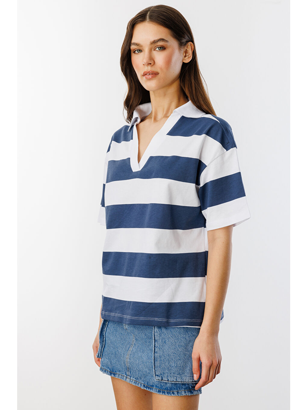 Lacivert Relax Fit Çizgili Penye Kısa Kollu Polo Tişört ÇİZGİLİ-POLOYAKA-4