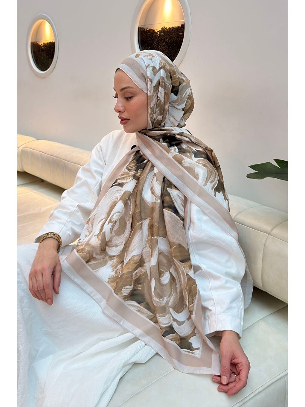 Çiçek Desen Pamuk Şal Koyu Bej-3