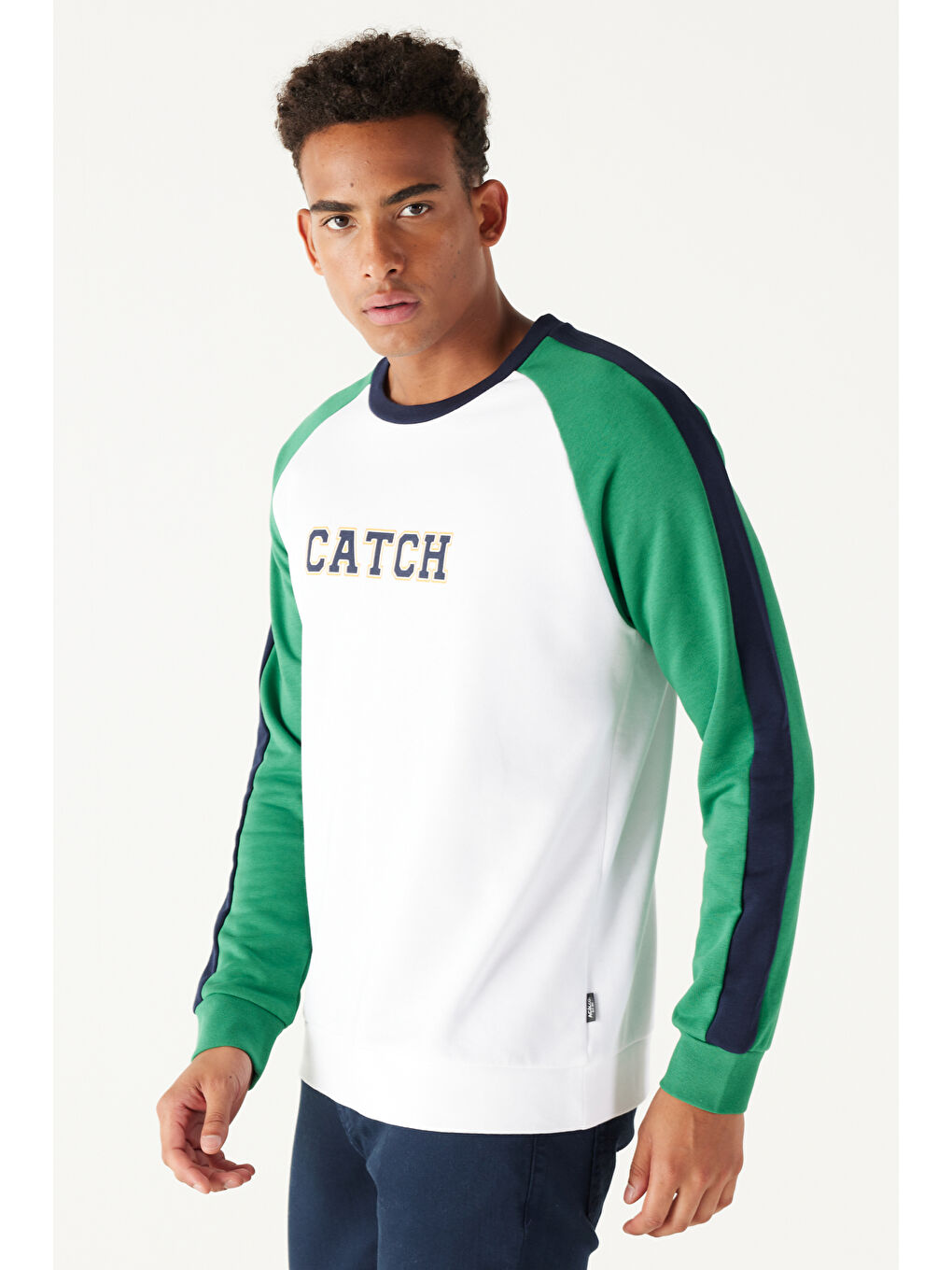 Erkek Beyaz-Yeşil Standart Fit Normal Kesim Bisiklet Yaka Pamuklu Çizgili Sweatshirt-3