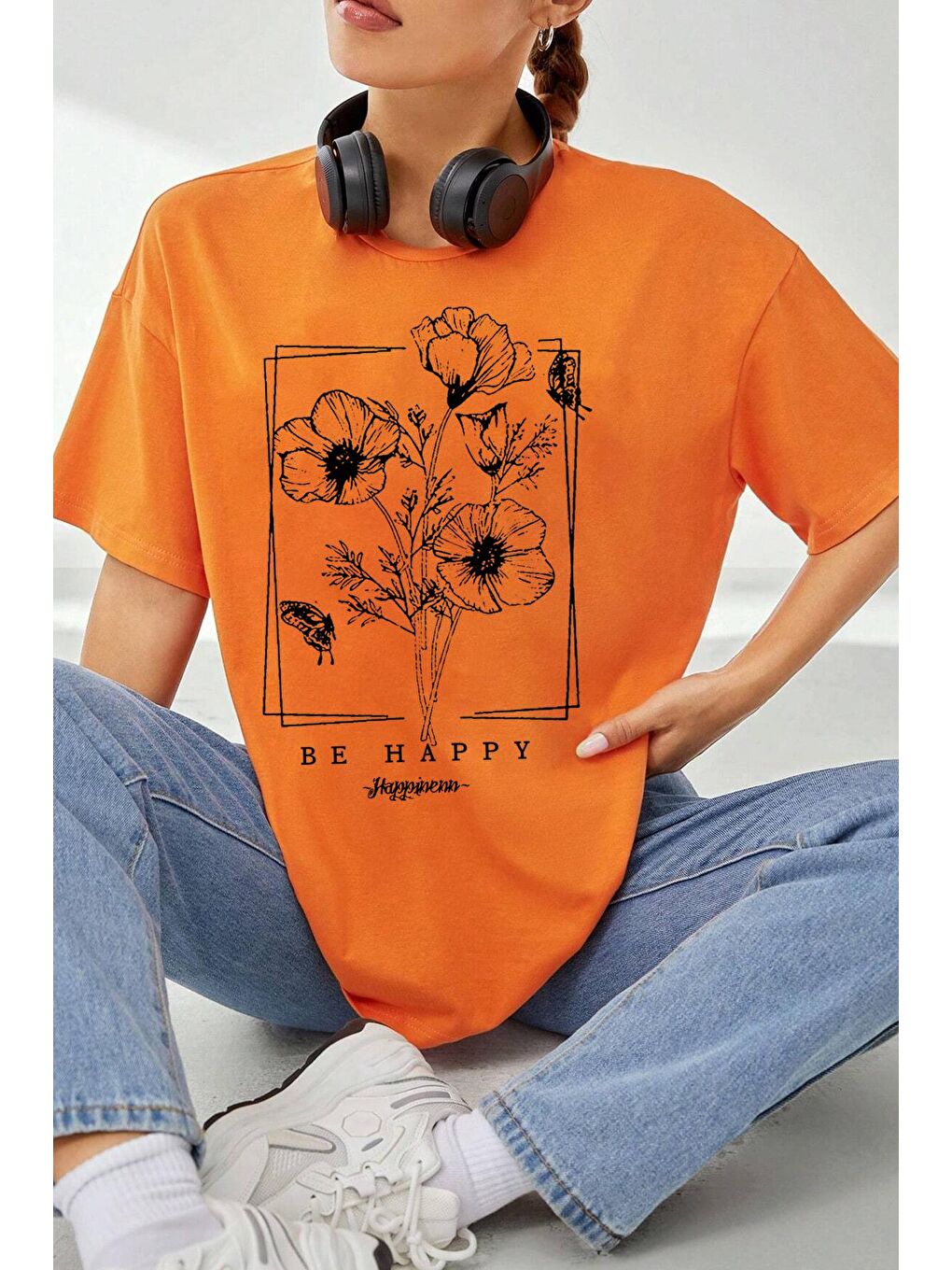 uyguntarz Turuncu Unisex Be Happy Baskılı Oversize Tshirt