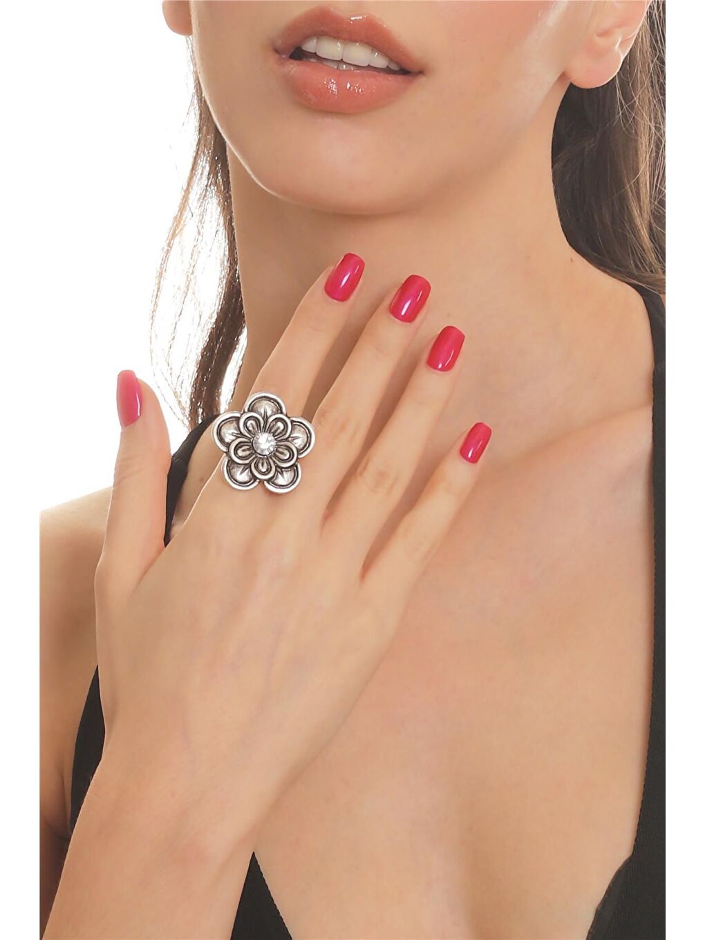 Gri kadın Antik Gümüş Kaplama Zirkon Taşlı Ayarlanabilir Çiçek Yüzük-2